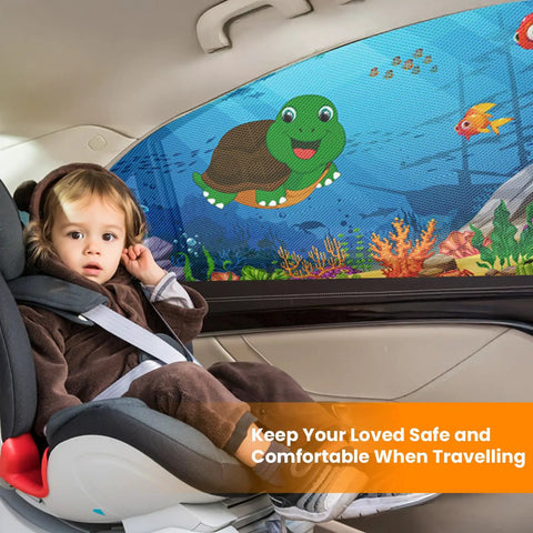 Child in car seat next to window with Two Pack Ocean Blue Window Sun Shades For Cars Breathable Spandex UV Protection Baby Window Covers