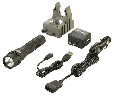 Strion LED HL 615 Lumen Rechargeable Professional Flashlight With 120 Volt AC And 12 Volt DC Charger and holder black