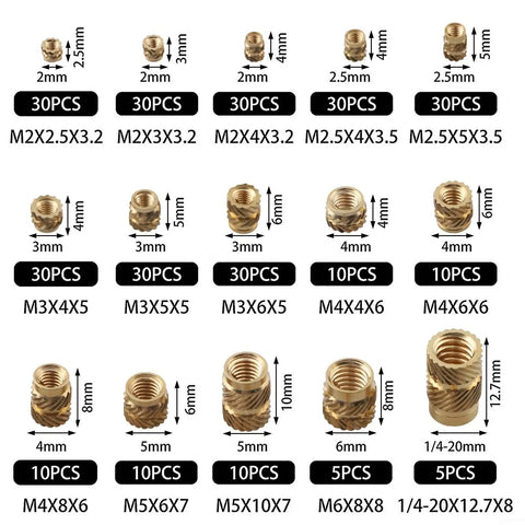 300 Piece Heat Set Threaded Inserts Kit M2 To M6 And One Quarter Twenty Brass Knurled Nuts For 3D Printing PLA ABS Repair Mixed Pack Copper Forging For Strong Durable Joints., brass insert sizes M2 to 1/4-20 with dimensions and 30-piece packs
