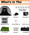 Image showing the contents of the Quiet Indoor Golf Net 8X6 Feet With Target For Practice, Easy Quick Setup, built with 600D Oxford fabric and 300g nylon net, featuring a golf net, cap, target, poles, and stakes.