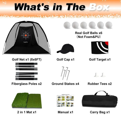 Image showing the contents of the Quiet Indoor Golf Net 8X6 Feet With Target For Practice, Easy Quick Setup, built with 600D Oxford fabric and 300g nylon net, featuring a golf net, cap, target, poles, and stakes.