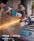 Professional Grade 4 1 2 Inch Corded Angle Grinder Rock Solid Build With 1200 Watt Pure Copper Motor And 13000 RPM Speed to cut metal and create sparks.