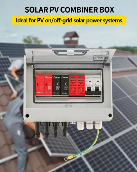 Two String PV Combiner Box For Solar Systems, 600V DC, IP65 Waterproof, On Grid Or Off Grid Ready, 2 Input 1 Output installed outdoors on roof.