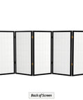 Back view of Compact 3 Foot Short Window Pane Shoji Screen Black 5 Panel Room Divider With Rice Paper Panels And Lightweight Spruce Frame
