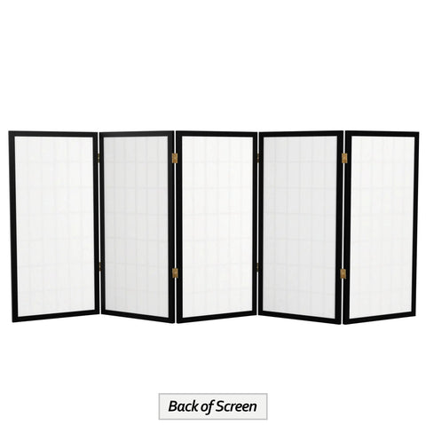 Back view of Compact 3 Foot Short Window Pane Shoji Screen Black 5 Panel Room Divider With Rice Paper Panels And Lightweight Spruce Frame