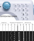 Close-up of 12 stitch patterns on beginner sewing machine kit with extension table and 12 built in stitches included needles and