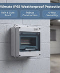 Heavy Duty 6 Way Circuit Breaker Box With DIN Rail IP65 Weatherproof Electrical Enclosure mounted on a wall with transparent lid.