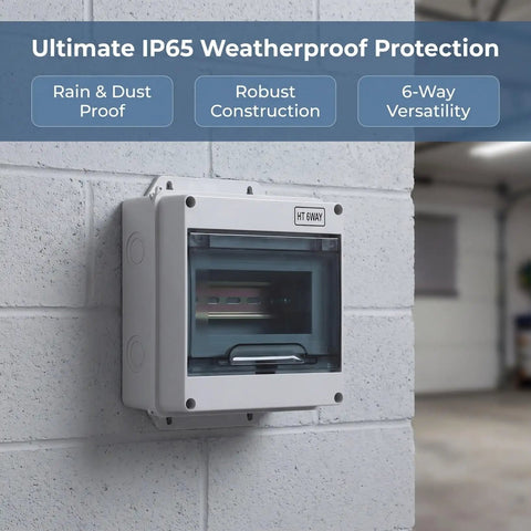 Heavy Duty 6 Way Circuit Breaker Box With DIN Rail IP65 Weatherproof Electrical Enclosure mounted on a wall with transparent lid.