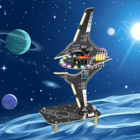 DIY Spaceship Soldering Practice Kit with LED Light Modules on blue space backdrop, showing completed sci-fi spacecraft model.