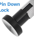 Solid Heavy Duty Stainless Steel Indexing Plunger With Knurled Hex Knob And Bulletproof Spring Loaded Pin close-up view with black knob.