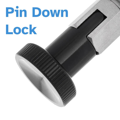 Solid Heavy Duty Stainless Steel Indexing Plunger With Knurled Hex Knob And Bulletproof Spring Loaded Pin close-up view with black knob.
