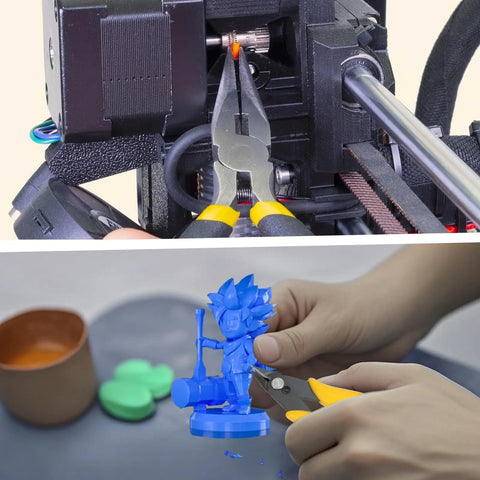 Using pliers from All-In-One 42Pcs 3D Printer Tools Kit For Post-Print Finishing And Cleanup on 3D printer and figurine