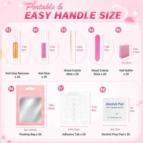 20 Piece Disposable Press On Nail Prep Kit With Files And Buffers Nail Glue And Remover Adhesive Tabs Prep Pads Sticks Alcohol Wipes