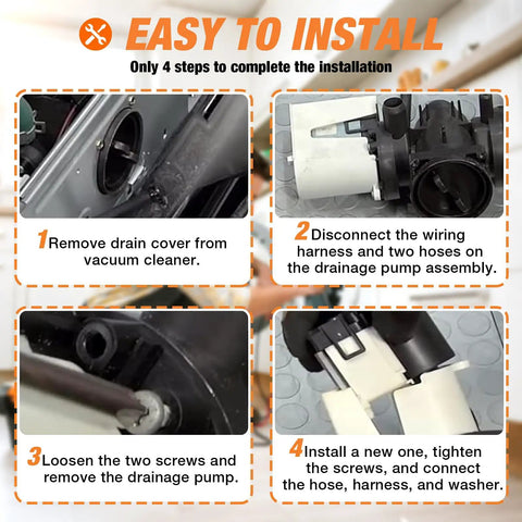 Illustration of installation steps for Top Shelf Washer Drain Pump Motor Replacement For LG And Kenmore Front Load Washers Model 4681Ea2001T.