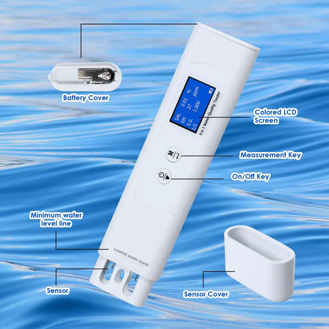Straight Up Reliable Water Quality Tester Pen Checks Cod Toc Uv275 Ec Tds Salinity Gh Sg And Water Temp For Pool Rv Well And Aquarium With Bright LCD Screen, showing compact design and key features.