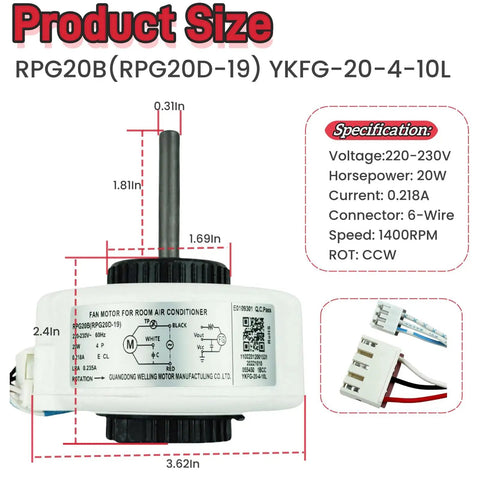 Plug And Play Indoor Air Conditioning Fan Motor For Midea Units, Brushless DC, showing specifications and dimensions.