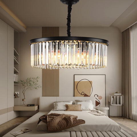 Modern Crystal Pendant Chandelier Two Tier Black Metal And Crystal Fixture for dining room and living room, 39.3-inch