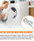 Woman doing laundry next to dryer with Dryer Heating Element Replacement 3387747 visible, ideal for Whirlpool, Kenmore machines.