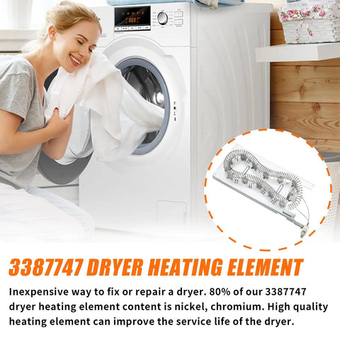 Woman doing laundry next to dryer with Dryer Heating Element Replacement 3387747 visible, ideal for Whirlpool, Kenmore machines.