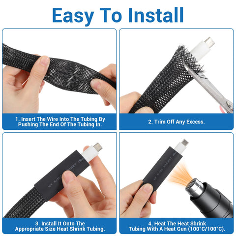 131 Ft Expandable Braided Cable Sleeve Wire Loom All In One Kit installation steps with heat shrink tube and heat gun