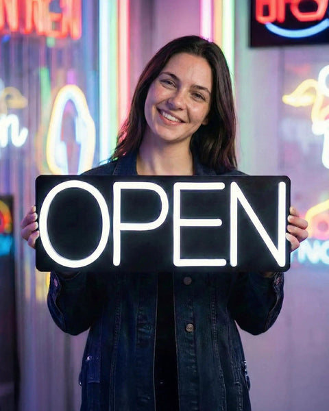 Person holding a Lit White Neon Open Sign With Remote For Business Front Window Display 20x7 Inch LED Light Up Sign