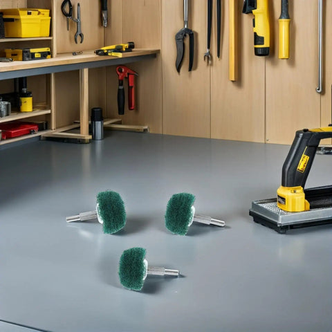 Versatile 2 Pc Mushroom Buffing Wheels With Handle For Drill on workspace, showcasing nylon and stainless steel pads for rust removal.