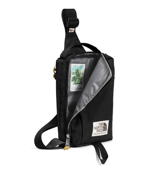 Berkeley Field Bag Water Repellent Finish Vintage Style Travel Essential Sling open with adjustable strap visible