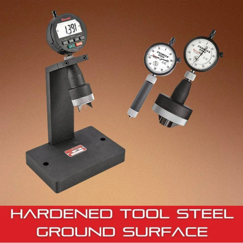 "Pro Grade Internal Chamfer Gauge Dial Indicator For Chamfered Holes, Inch Reading, 0 To 1 Inch Range,.001 Inch Graduation" shown with base and dial indicators.