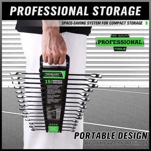 Person holding 30-Piece Wrench Organizer Set With Dual Portable Racks For SAE And Metric Wrenches, Snap-Lid Secure Storage.