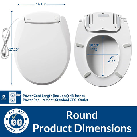 Radiance Cozy Heated Night Light Toilet Seat With Slow Close and Adjustable Fit Round White Plastic Seat dimensions