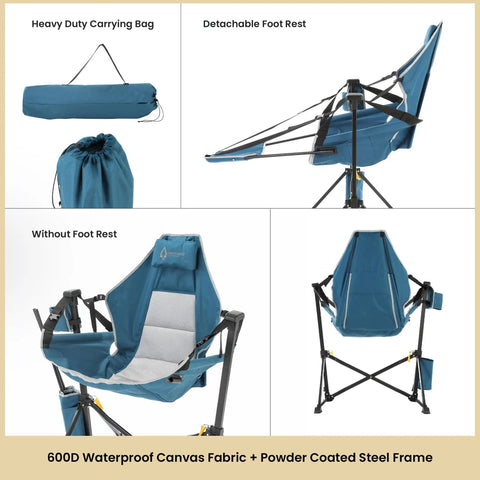 Foldable Hammock Style Camp Chair with detachable footrest and padded headrest, shown folded in carry bag and assembled