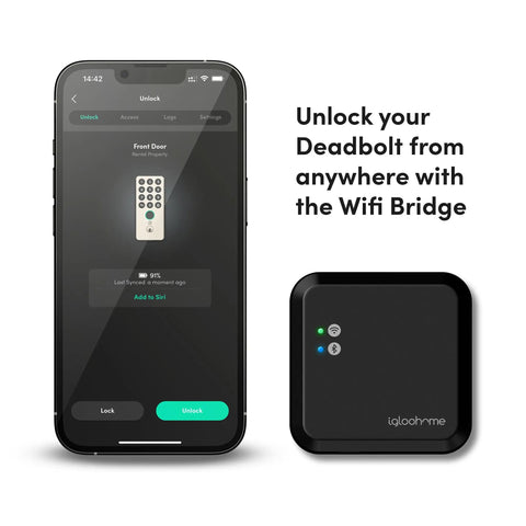 Smart Deadbolt Go And WiFi Bridge Bundle With Fingerprint Access Remote Unlock Through Mobile App And Alexa shown in use