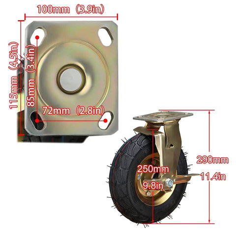 Heavy Duty Swivel Caster Wheels 2 Pack Built Tough With Smooth Riding Rubber Tires And Secure Lock Brakes with detailed dimensions.