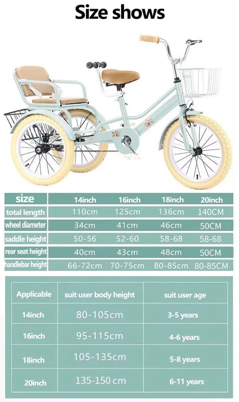 Outdoor Tricycle For Travel And Family Easy Ride Three Wheel Pedal Rickshaw With 20 Inch Pneumatic Tires and Size Chart