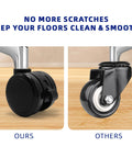 Comparison of brake twin caster wheels for chairs, showing black plastic smooth silent rollers versus metal castors on wood floor.