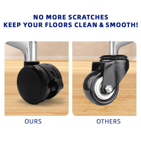 Comparison of brake twin caster wheels for chairs, showing black plastic smooth silent rollers versus metal castors on wood floor.