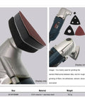 80mm Triangular Sanding Pads 4 Pack Hook Loop Stainless Steel Multitool Discs with dust venting holes attached to tool