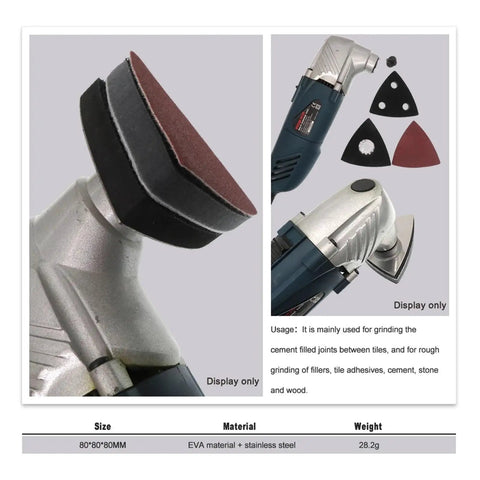 80mm Triangular Sanding Pads 4 Pack Hook Loop Stainless Steel Multitool Discs with dust venting holes attached to tool