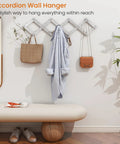 Accordion Style Wall Mounted Coat Rack With 13 Peg Hooks For Coats Hats Bags Mugs And Necklaces In Rustic White Finish