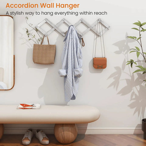 Accordion Style Wall Mounted Coat Rack With 13 Peg Hooks For Coats Hats Bags Mugs And Necklaces In Rustic White Finish