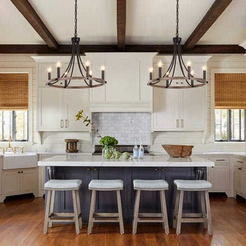 Wagon Wheel Farmhouse Chandelier With Six Lights, Black Round Pendant Light over a kitchen island with rustic wood grain finish.
