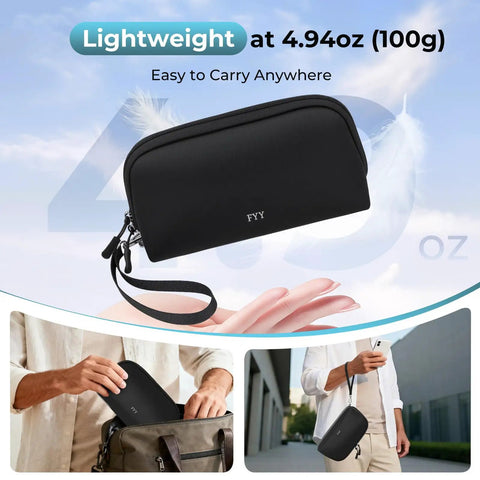 Grab-And-Go Travel Cable Organizer With 8 Compartments, Water-Resistant Tech Pouch With Wrist Strap, shown in black in use and being held.