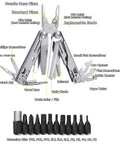 All In One Multitool Pliers With Replaceable Wire Cutters And Spring Loaded Action, open with visible tools and hex bit set.