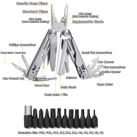 All In One Multitool Pliers With Replaceable Wire Cutters And Spring Loaded Action, open with visible tools and hex bit set.