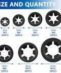 Front view of internal-tooth starlock washers set in black oxide finish; seven sizes (M3–M12), 340-piece kit.