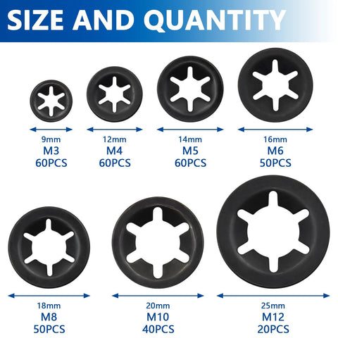 Front view of internal-tooth starlock washers set in black oxide finish; seven sizes (M3–M12), 340-piece kit.