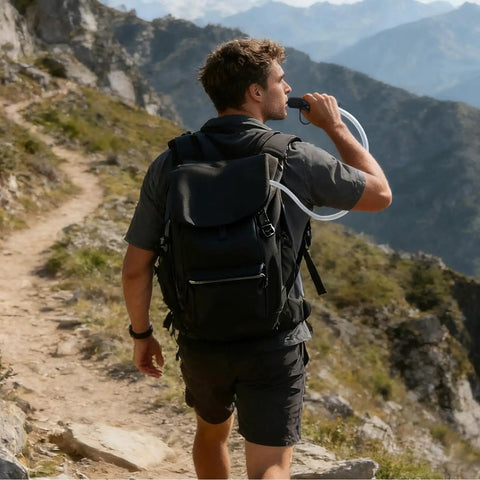 Hiker using Hydration Bladder With Large Opening No Spill Design, Leak Proof Reservoir And Quick Connect System for easy access