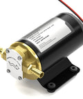 Heavy Duty 12 Volt Portable Oil Transfer Pump with brass fittings for oil swaps and self-priming design in garage.