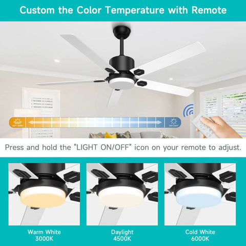 52 Inch Outdoor Ceiling Fan With Lights And Remote, Matte Black Housing, showing color temperature control via remote