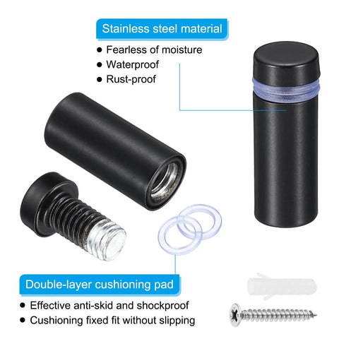 Sign Standoff Screws 12 Pack Stainless Steel Black, showing parts and features, including cushioning pad and screws.